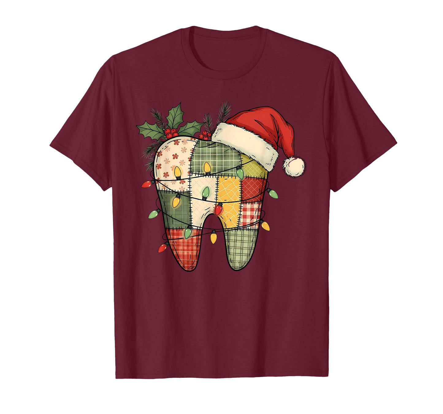 Santa Dental Christmas Tooth Patchwork Dental Hygienist T-Shirt