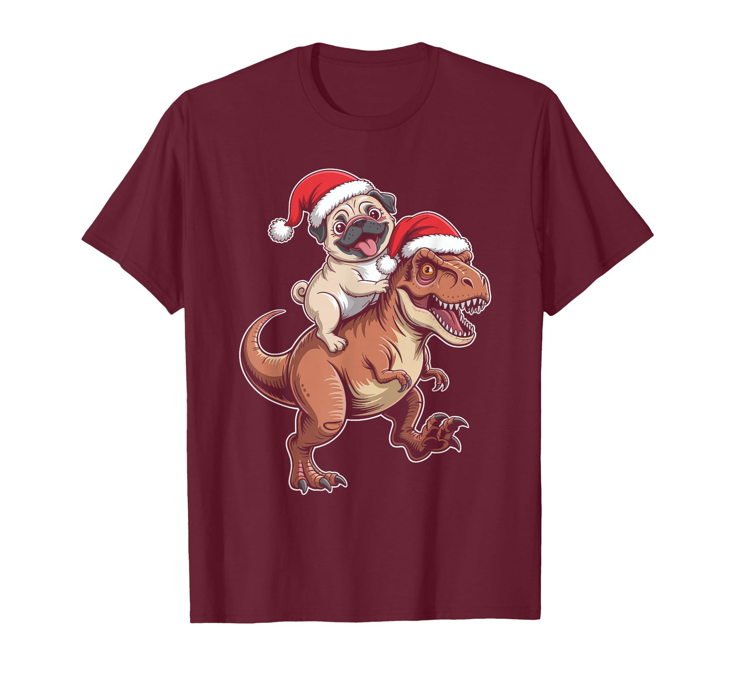 Pug Riding Dinosaur Christmas T-Shirt