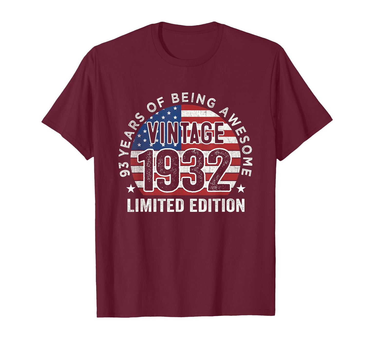 93rd Birthday Gifts Men Vintage 1932 93 Years Old USA Flag T-Shirt
