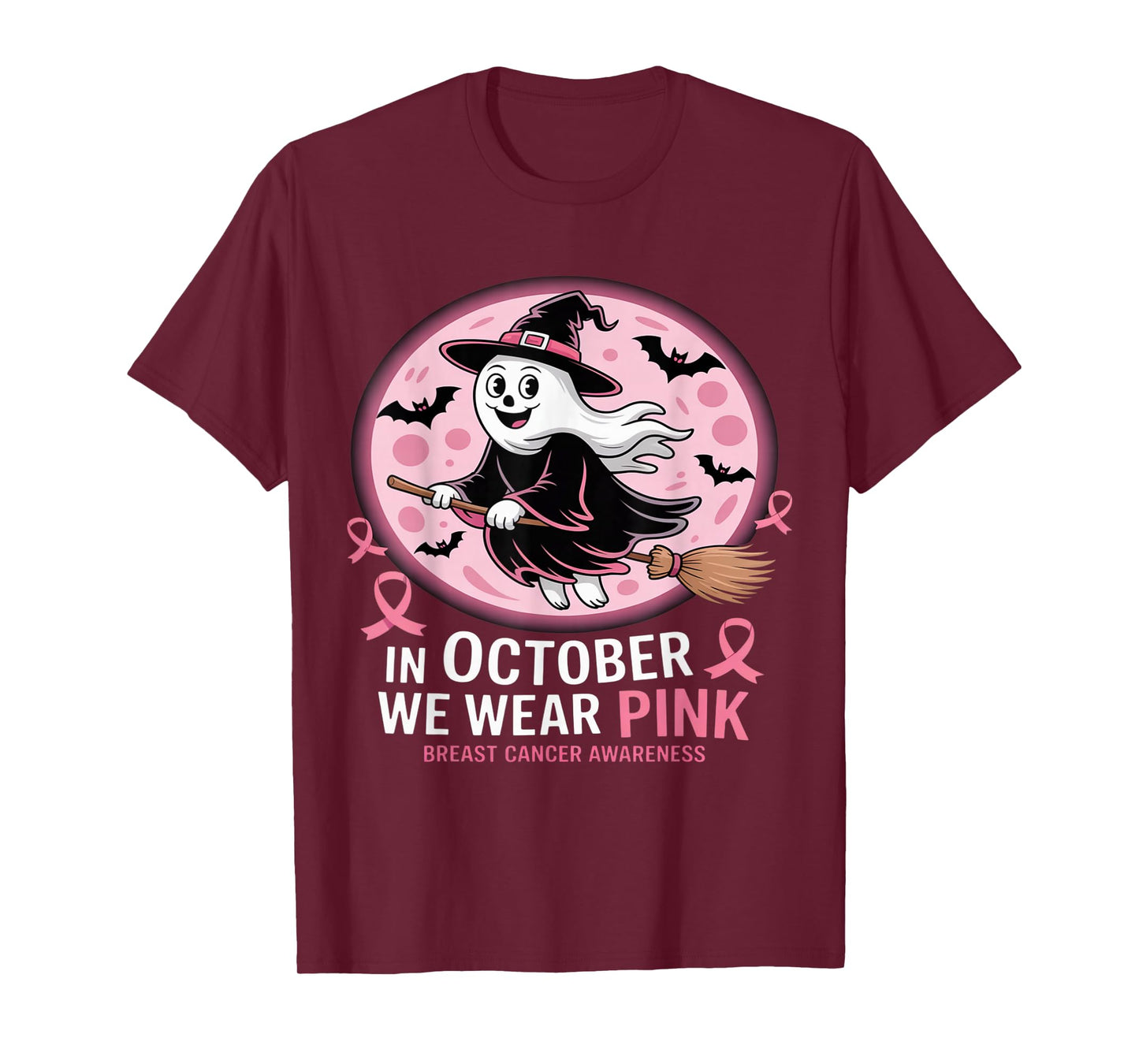 in October We Wear Pink Ghost Witch Breast Cancer Awareness T-Shirt