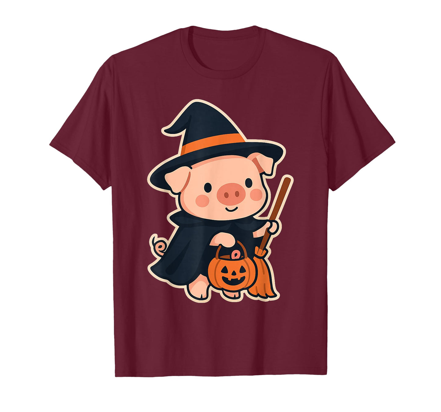 Cute Witch Pig Halloween Outfit with Broom and Pumpkin T-Shirt