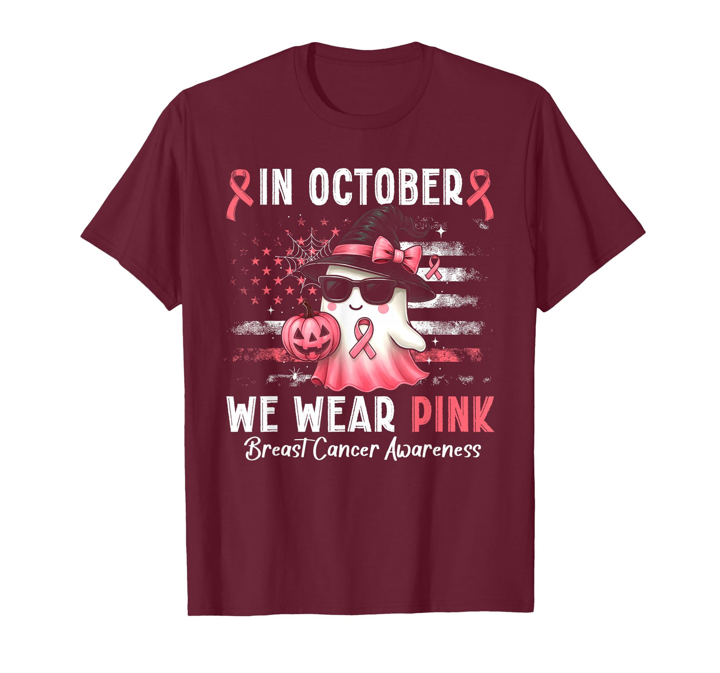 in October We Wear Pink Ghost Witch Breast Cancer Awareness T-Shirt