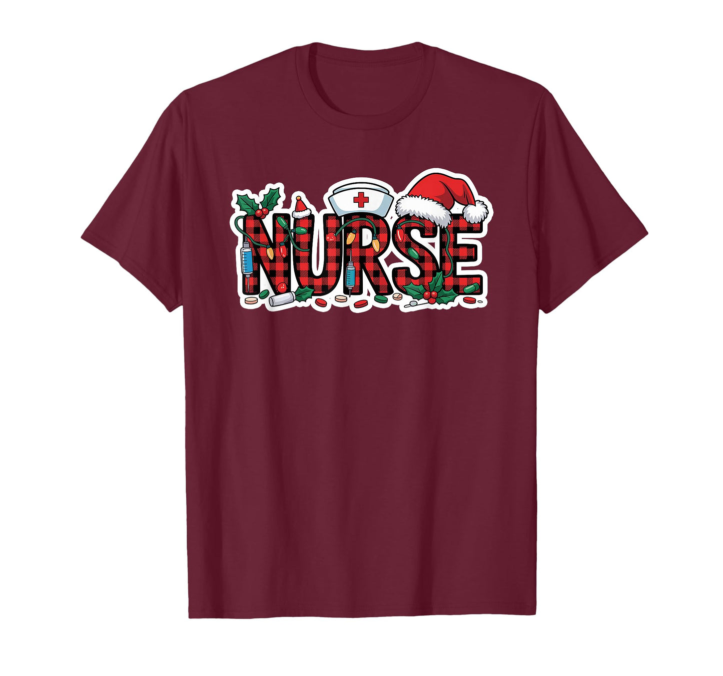 Christmas Nurse Buffalo Plaid Santa Hat Christmas Lights T-Shirt
