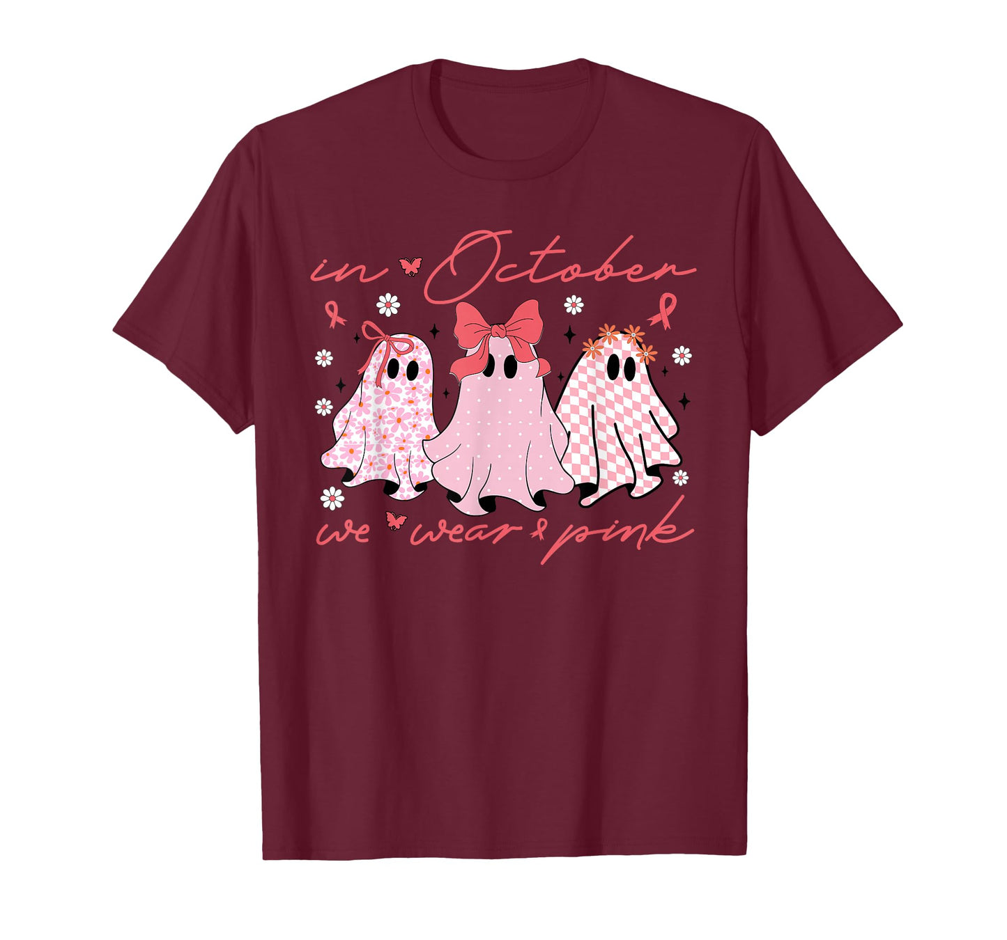 in October We Wear Pink Coquette Ghost Bow Breast Cancer T-Shirt