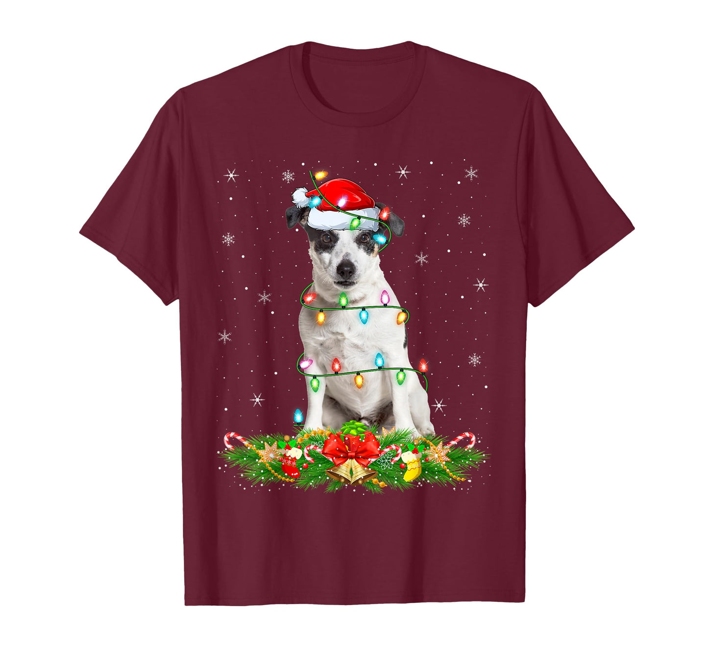 Rat Terrier Dog Christmas Lights Funny Santa Hat Xmas T-Shirt
