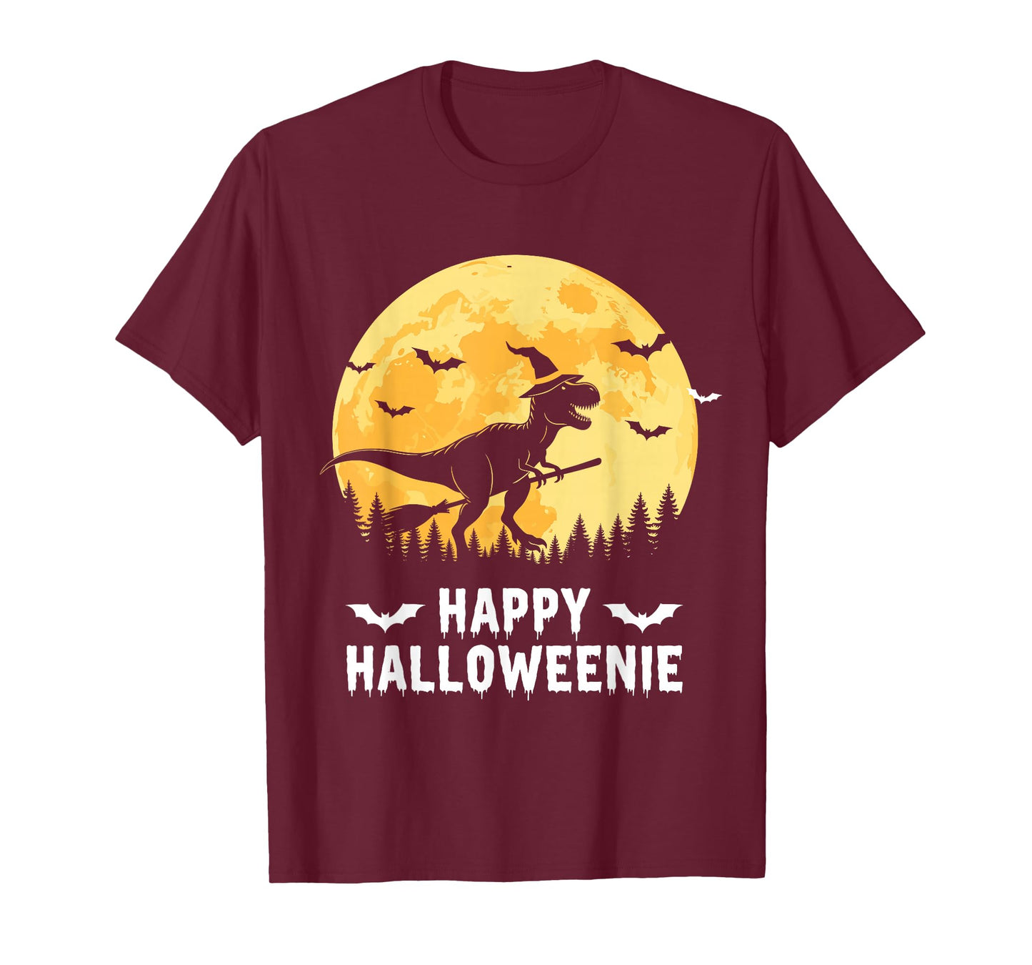 Happy Halloweenie Funny Dinosaur T Rex Flying Witch T-Shirt