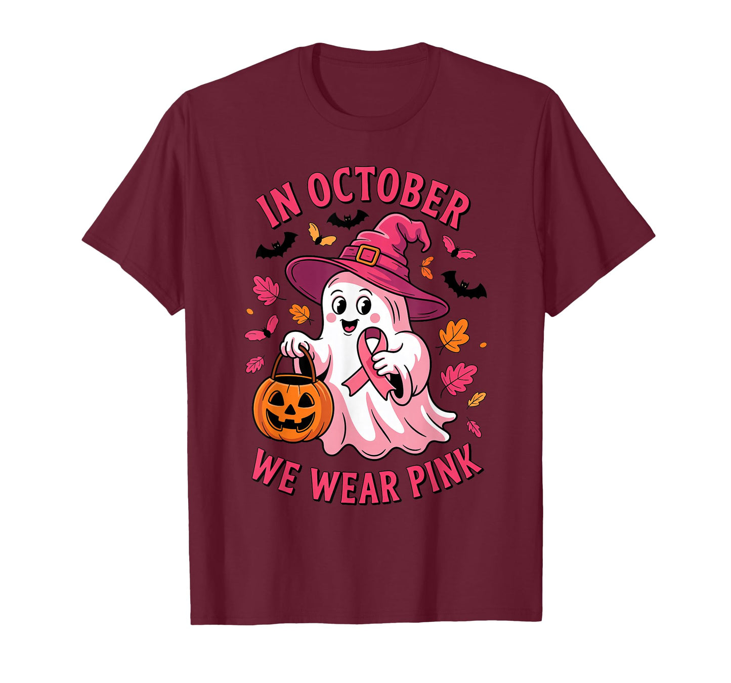 Funny Ghost Halloween in October We Wear Pink Breast Cancer T-Shirt