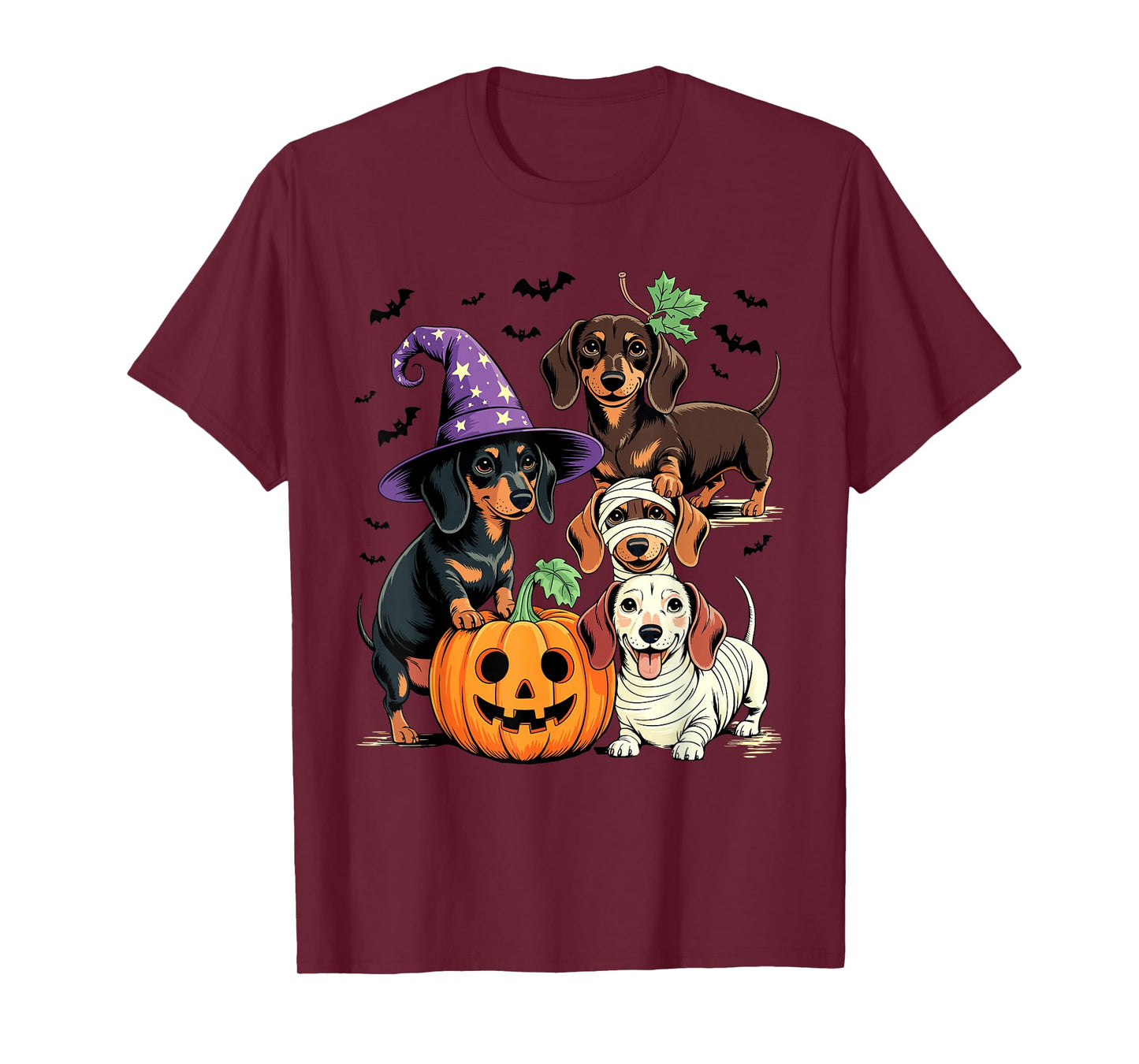 Spooky Dachshund Witch Pumpkin Mummy Ghost Squad Design T-Shirt
