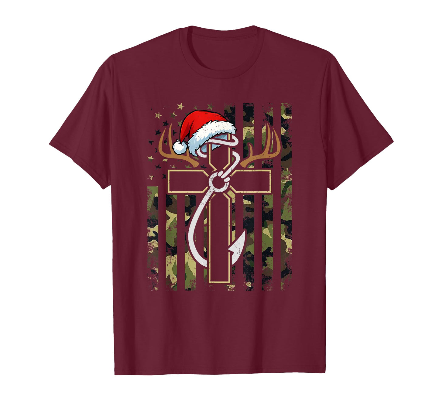 Hunting Fishing Faith Cross Santa Hat Deer Antlers Hook Flag T-Shirt