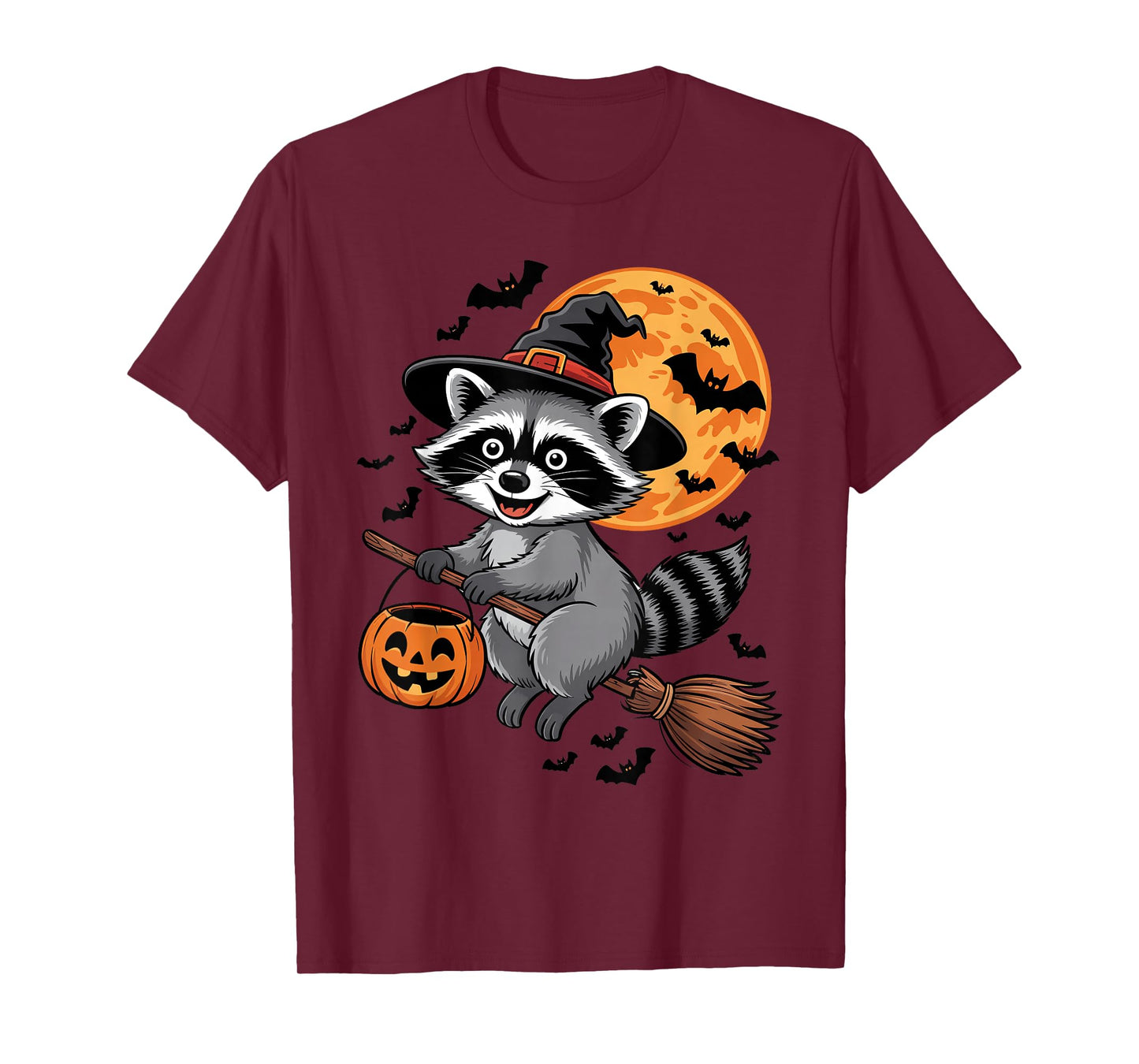 Raccoon Witch Hat on Broom Halloween Pumpkin Candy Bucket T-Shirt