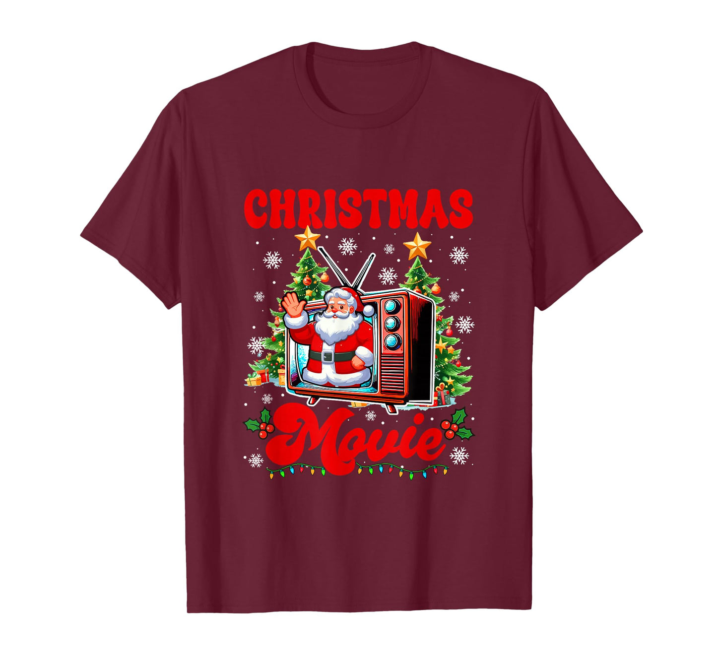 Christmas Movie Santa On Television Colorful Xmas Tree Lover T-Shirt