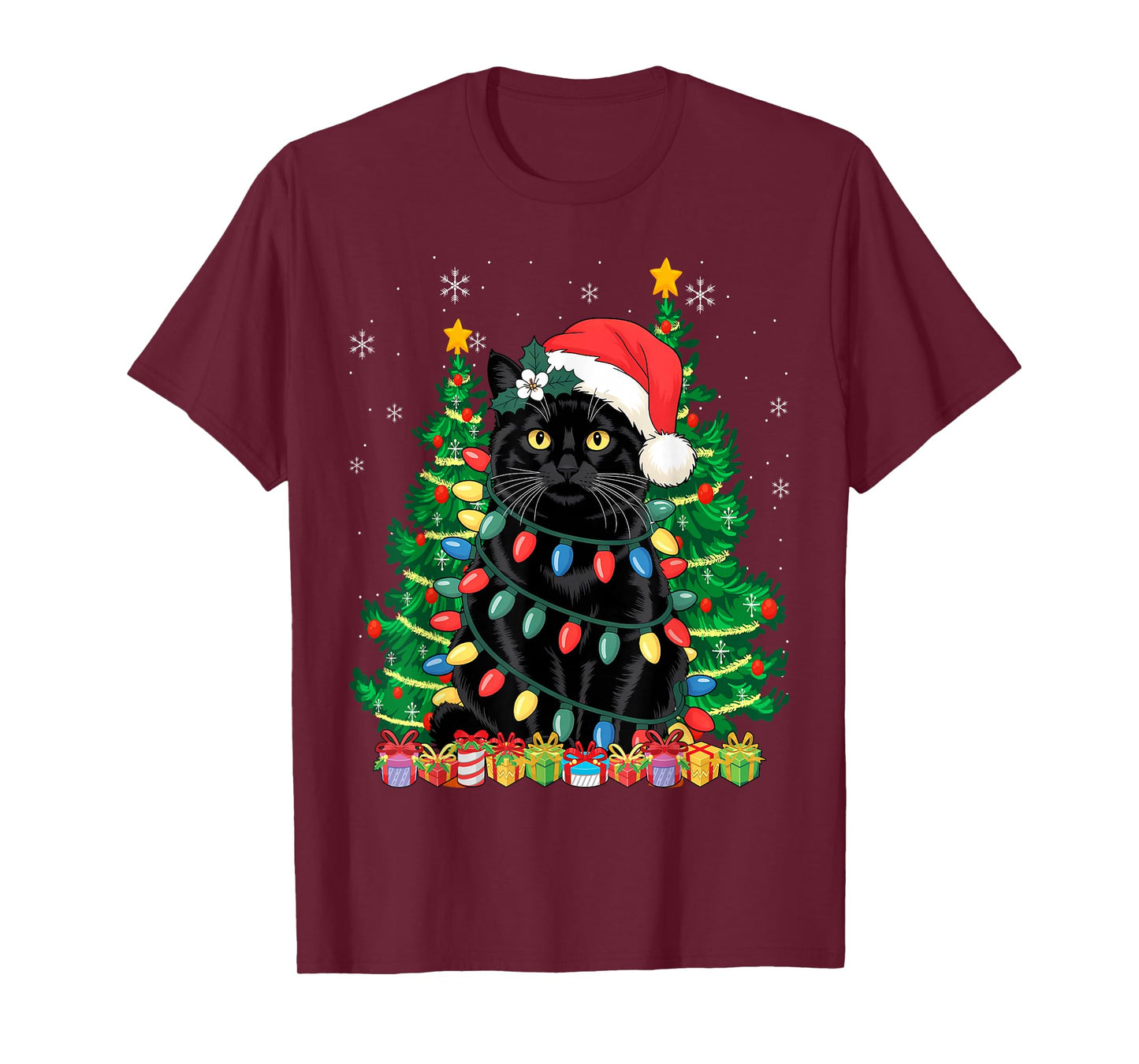 Santa Black Cat Tangled Up in Christmas Tree Lights T-Shirt