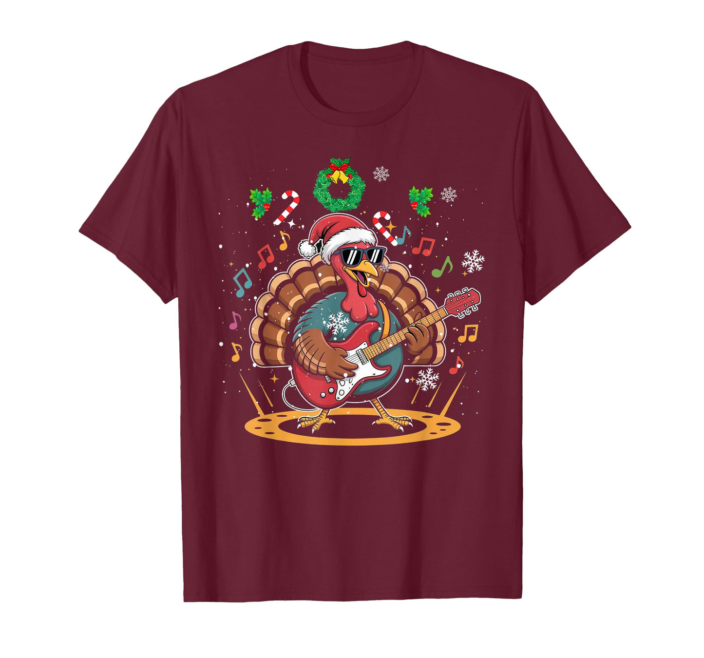 Funny Thanksgiving Santa Hat Turkey Rock Star Playing Guitar T-Shirt