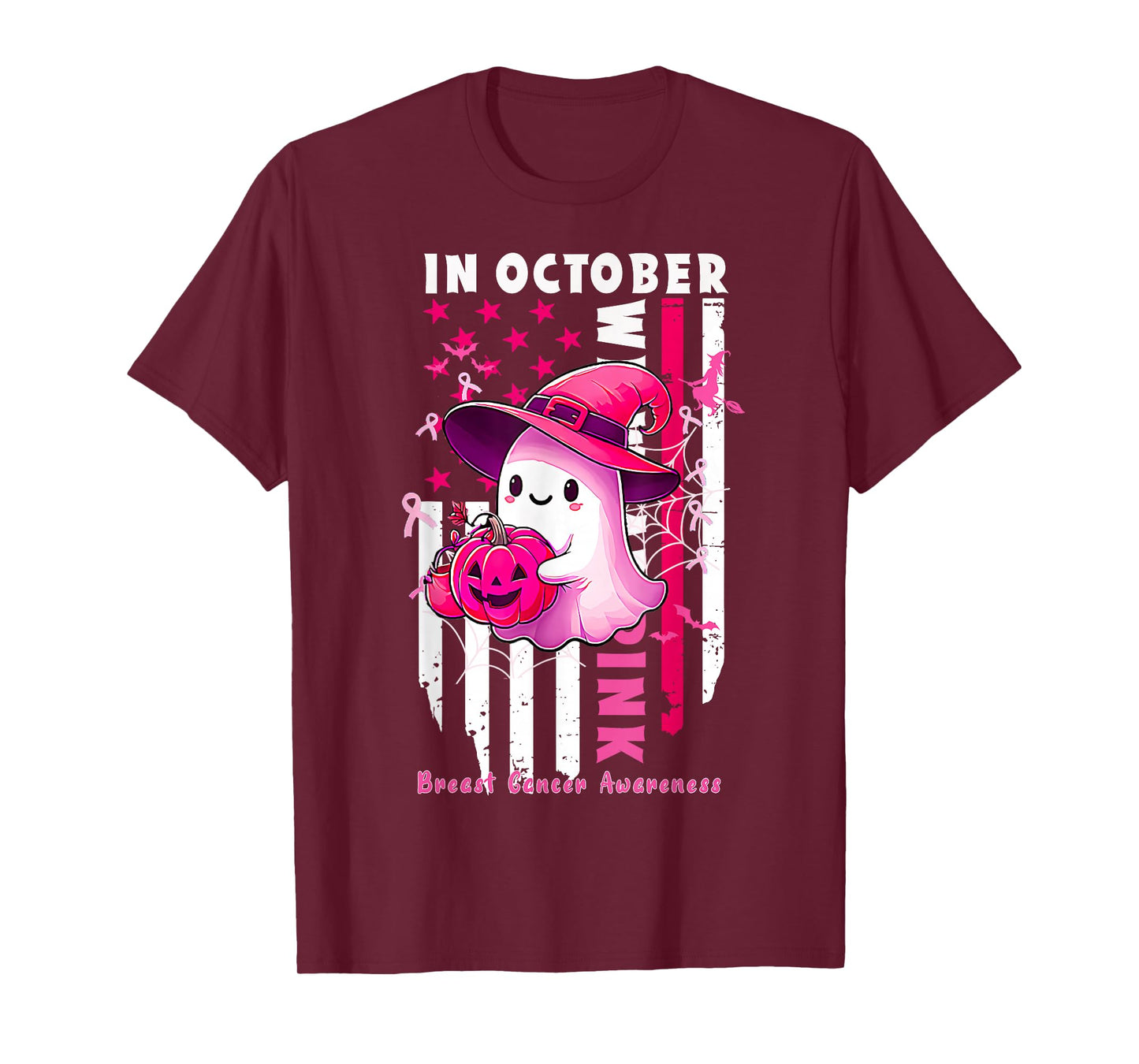 in October We Wear Pink Ghost Witch Breast Cancer Awareness T-Shirt
