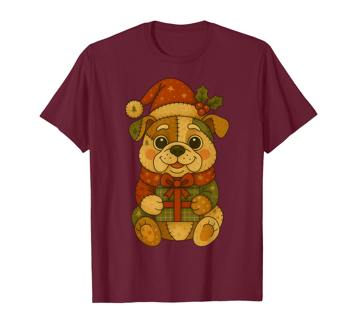 Patchwork Bulldog with Santa Hat for Christmas T-Shirt