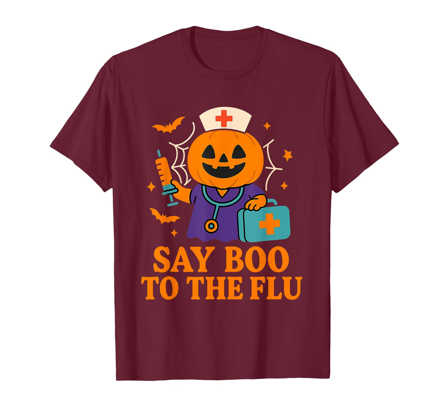 Say Boo to The Flu Nurse Halloween Vaccine Pumpkin Crew T-Shirt