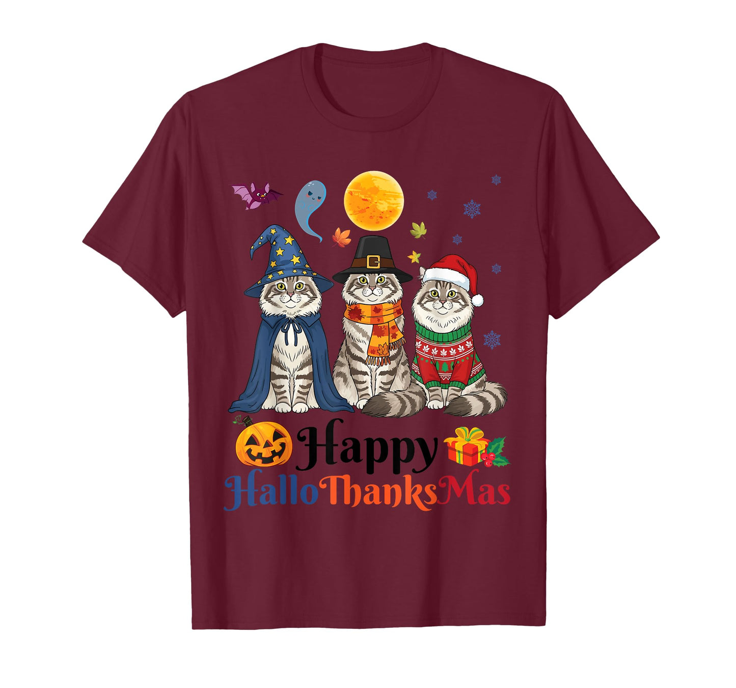 HalloThanksMas Siberian Cat Halloween Thanksgiving Christmas T-Shirt