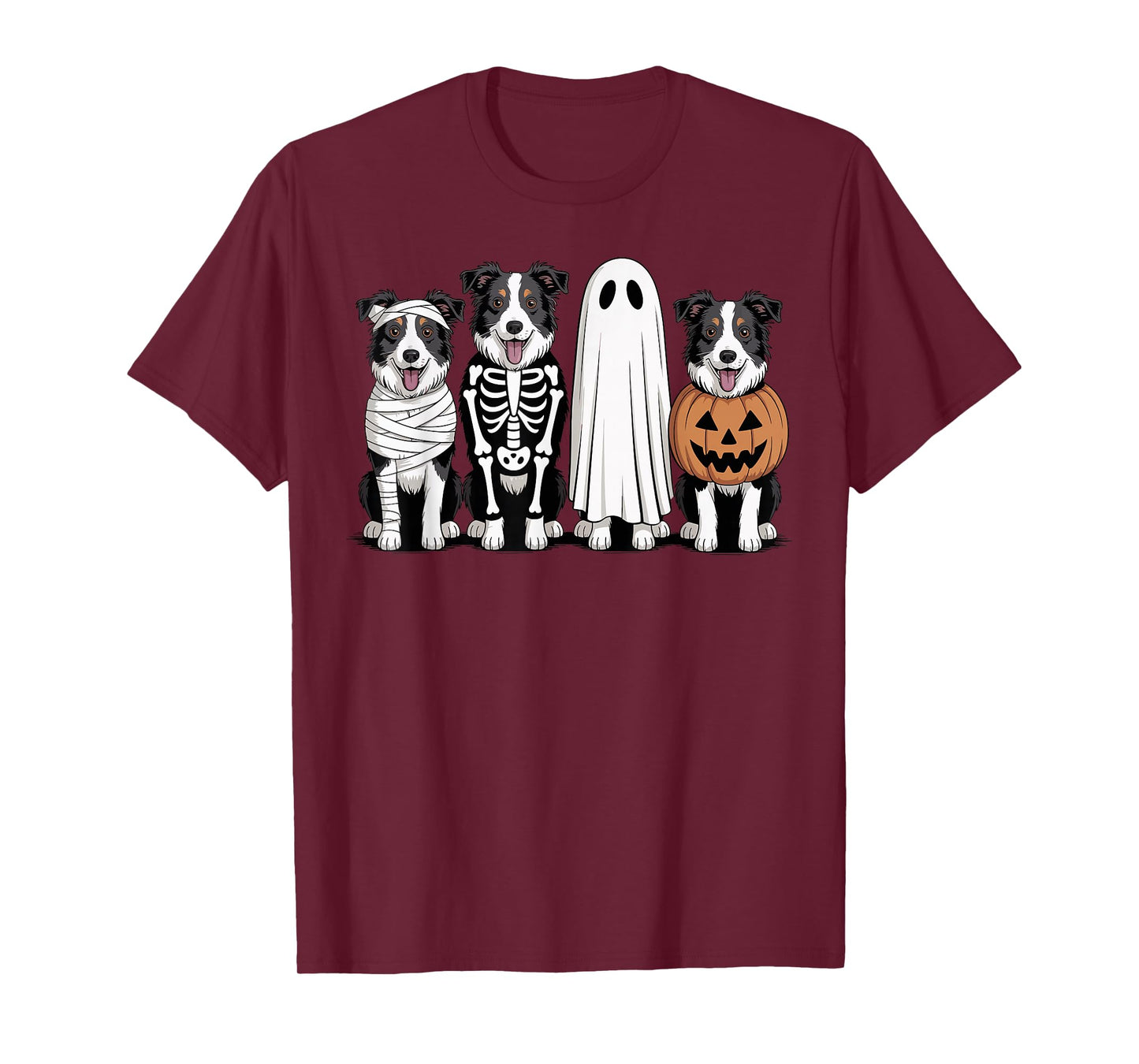 Spooky Ghost Border Collie Pumpkin Halloween Dog Skeleton T-Shirt