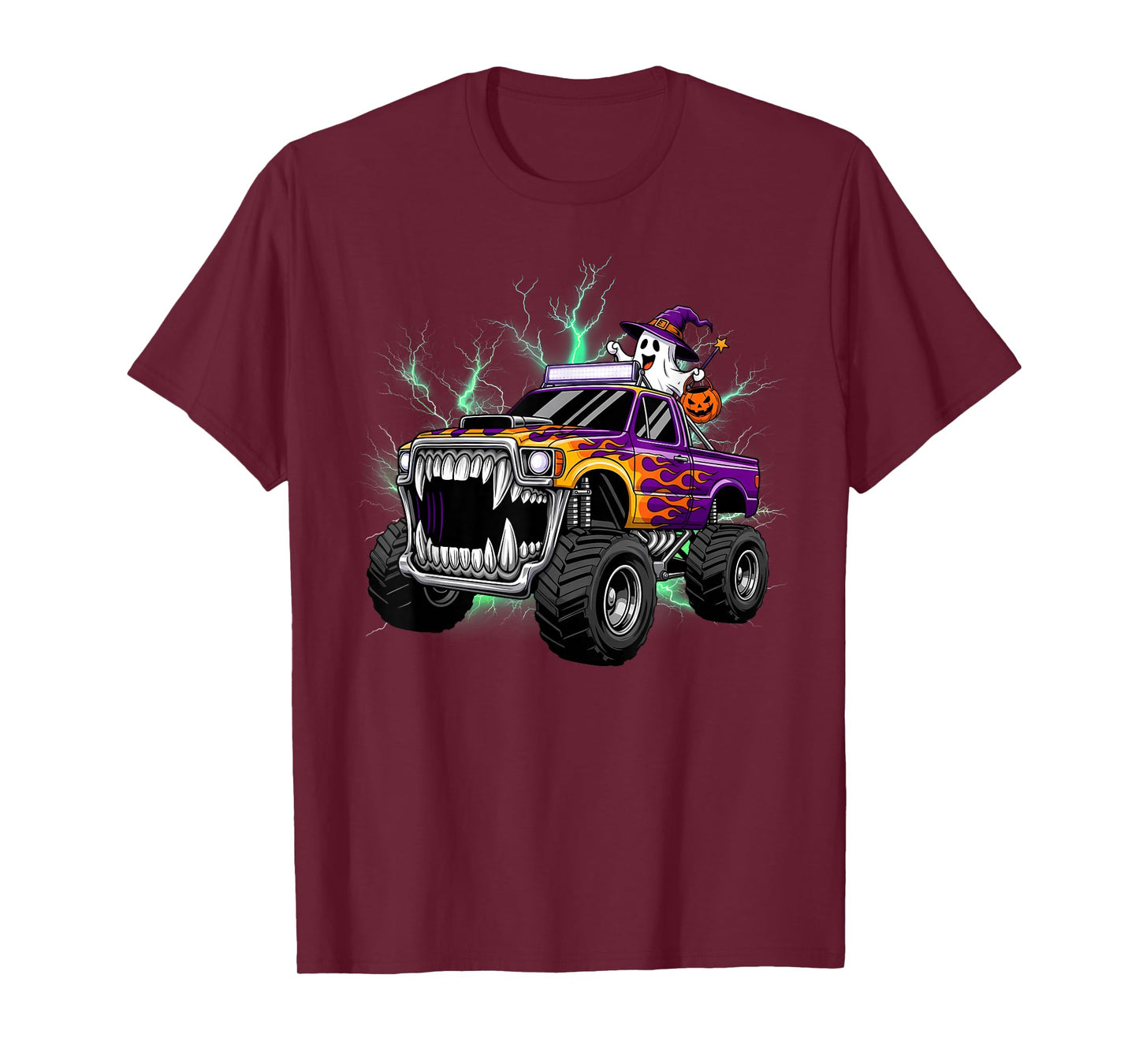 Halloween Monster Truck Funny Ghost Wearing Witch Hat T-Shirt
