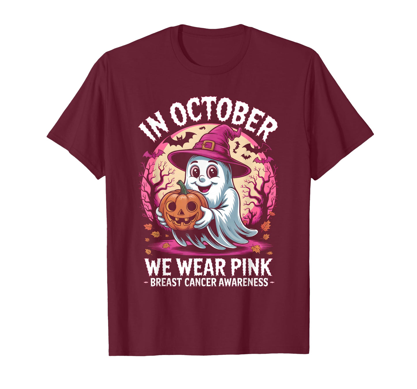 in October We Wear Pink Witch Graphic for Halloween Fun T-Shirt