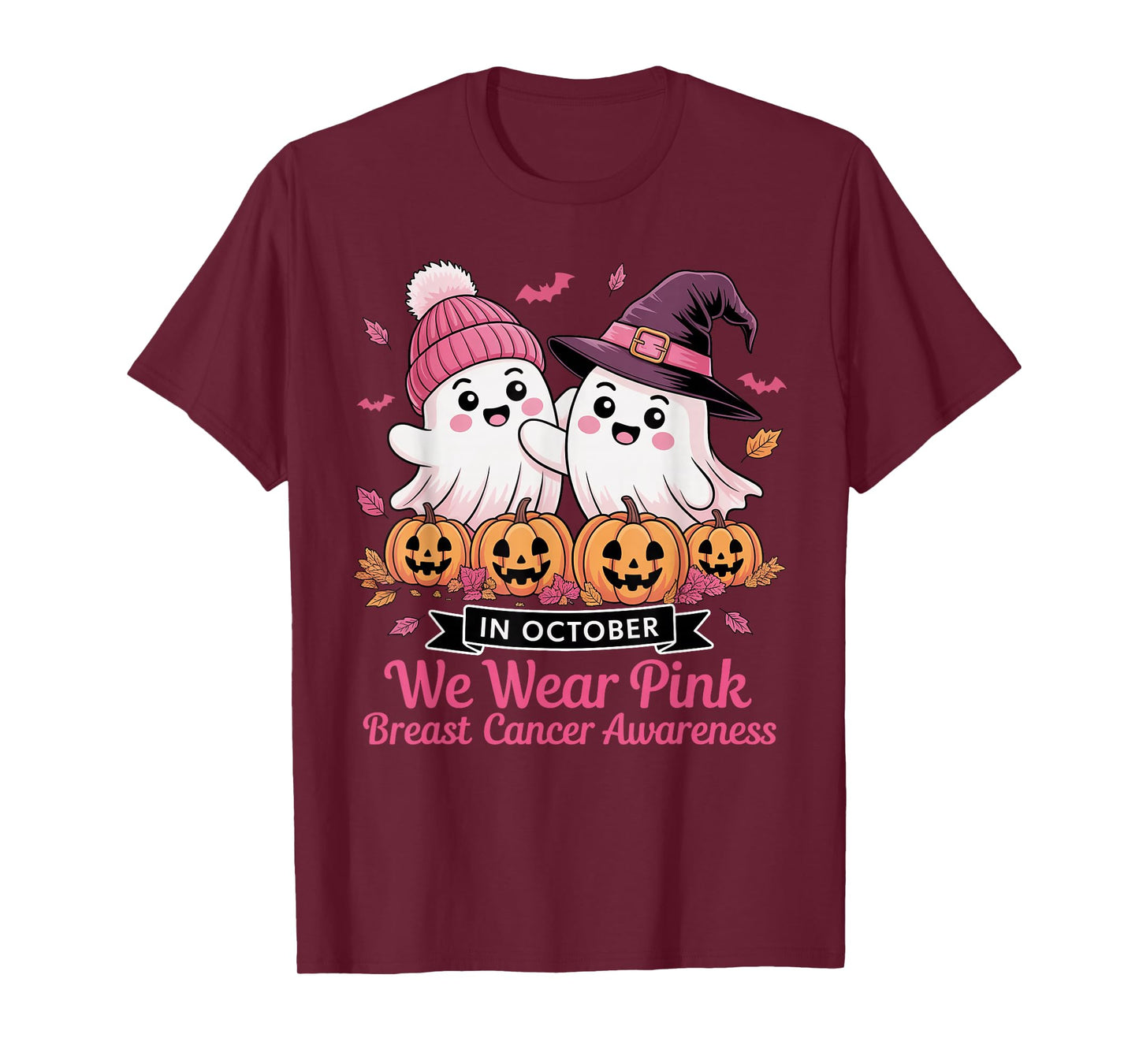 in October We Wear Pink Ghost Witch Breast Cancer Awareness T-Shirt