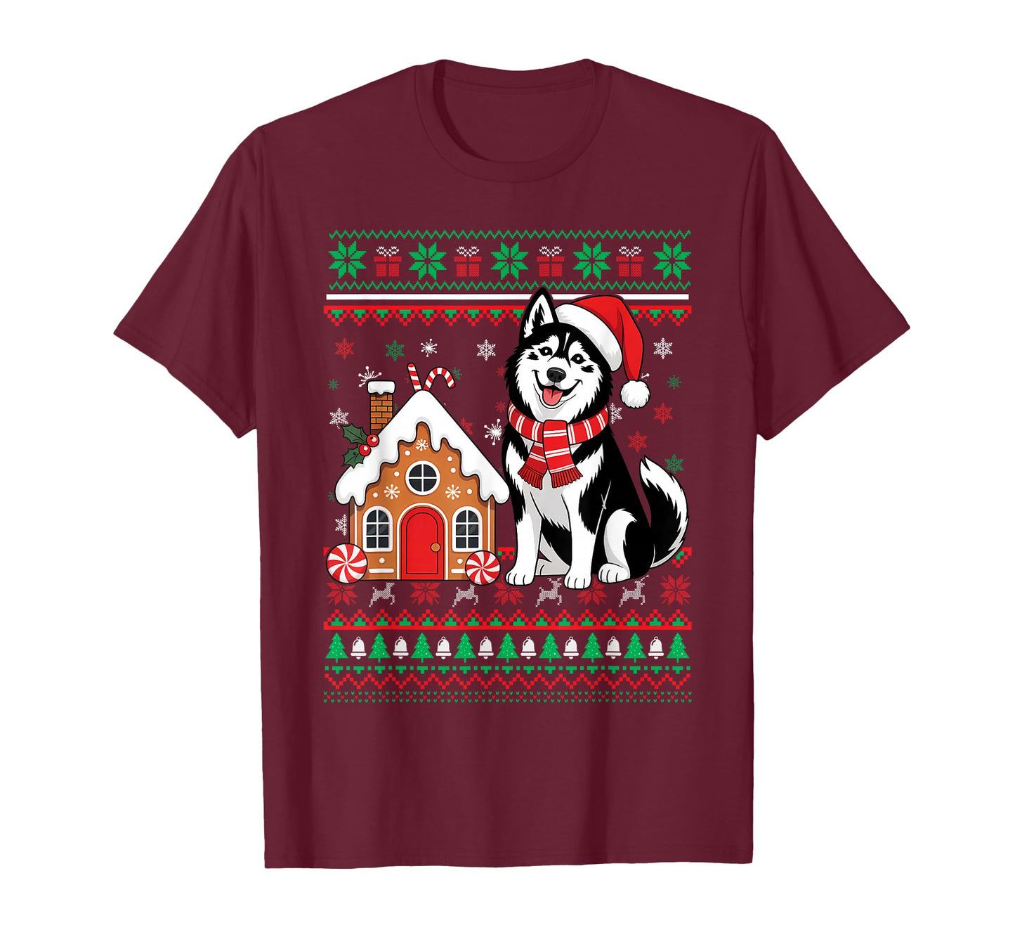 Christmas Ugly Sweater Siberian Husky Santa Hat Reindeers T-Shirt