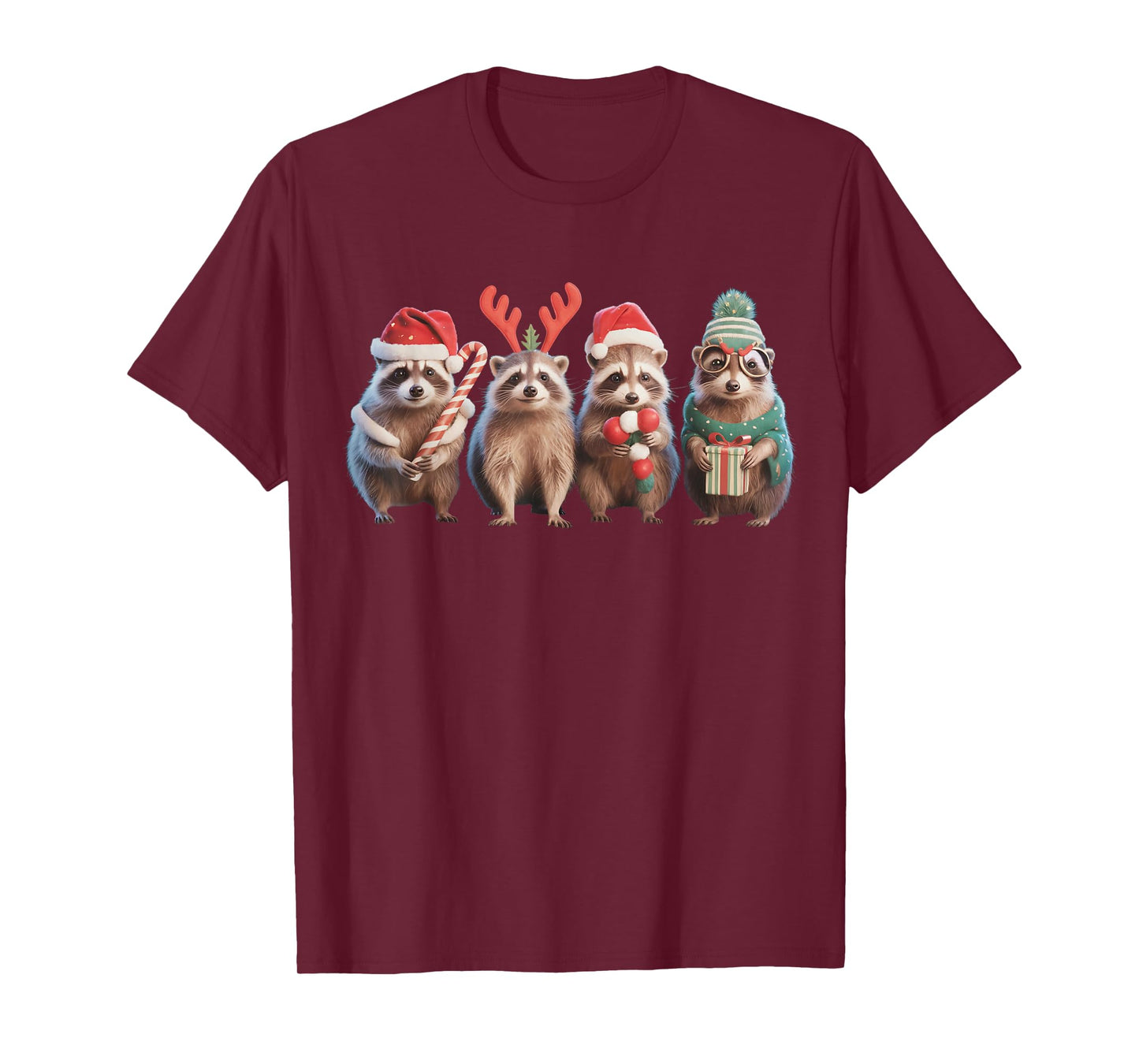 Santa Raccoon Christmas Lights Funny Raccoon Xmas Men Kids T-Shirt