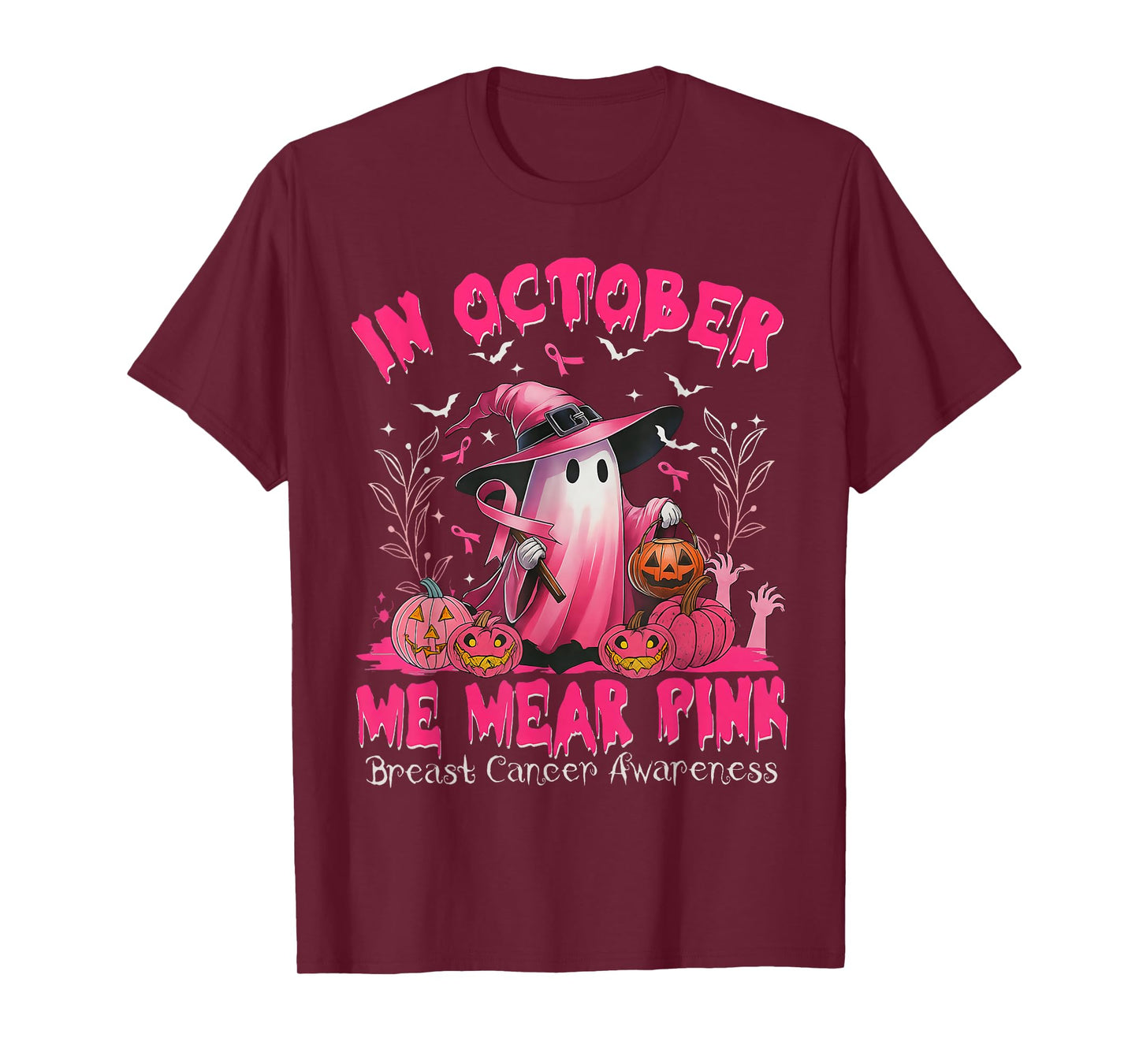 in October We Wear Pink Witch Ghost Breast Cancer Awareness T-Shirt