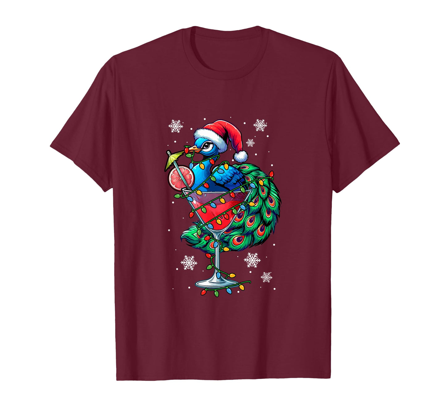 Santa Peacock On Cocktail Glasses Christmas Colorful Lights T-Shirt