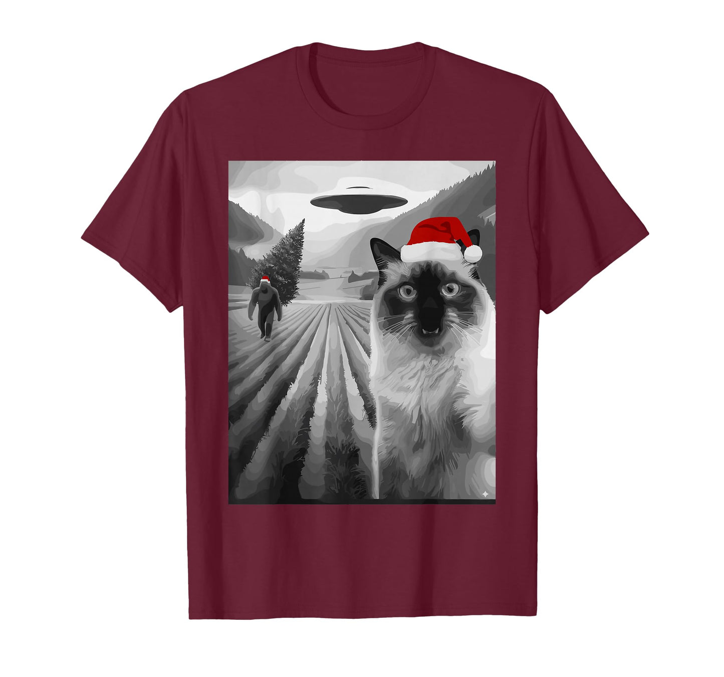 Christmas Cat Bigfoot UFO Santa Hat Funny Retro T-Shirt