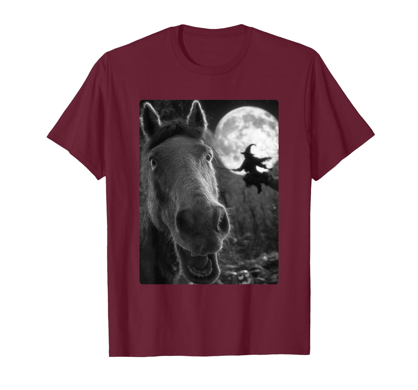 Funny Horse Selfie Full Moon Flying Witch Forest Halloween T-Shirt