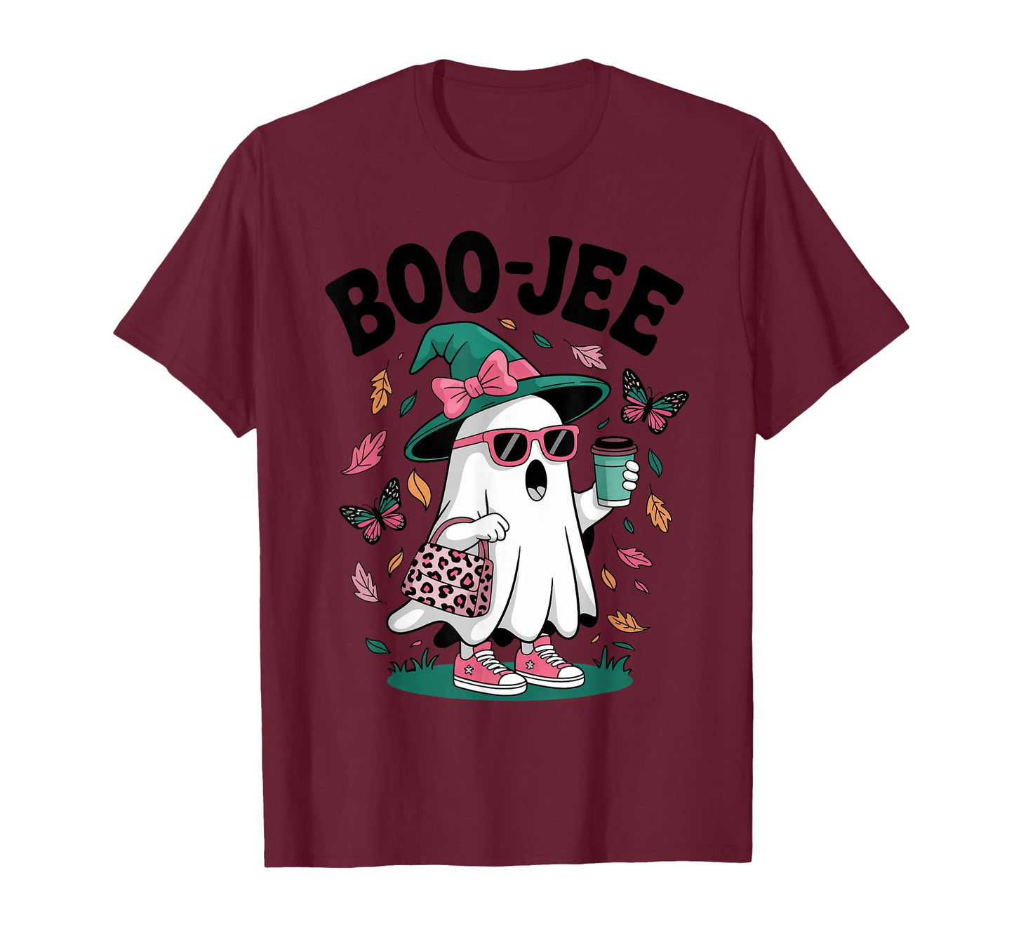 Ghost Boujee Witch Hat Coffee Halloween Leopard Print Girls T-Shirt