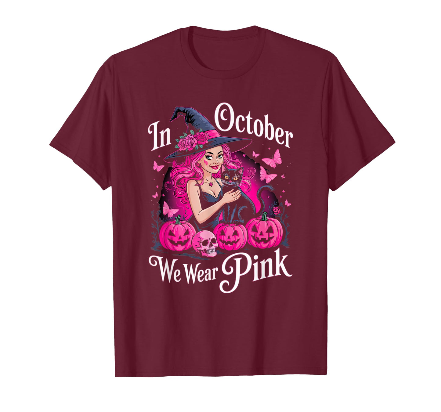 Retro in October We Wear Pink Witch Breast Cancer Awareness T-Shirt