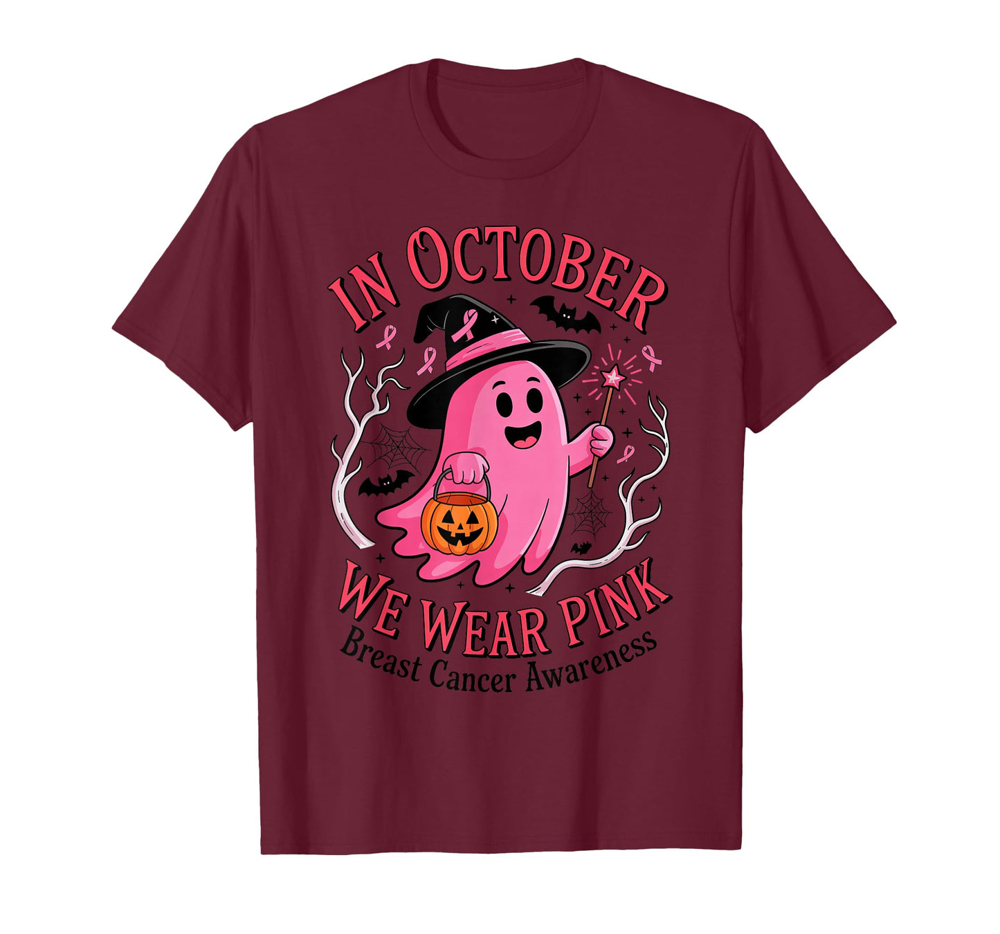 Cute Pink Ghost Witch in October We Wear Pink Breast Cancer T-Shirt