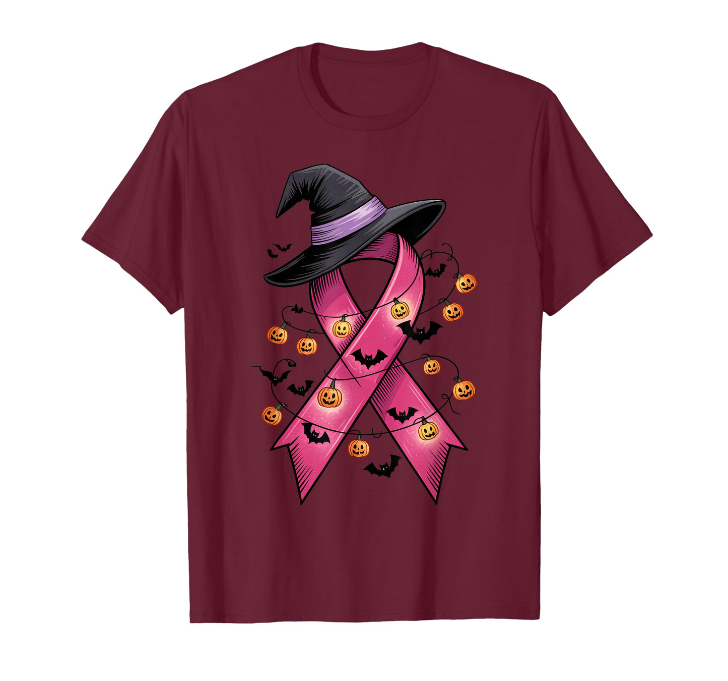 Pink Ribbon Breast Cancer with Witch Hat Halloween Costume T-Shirt