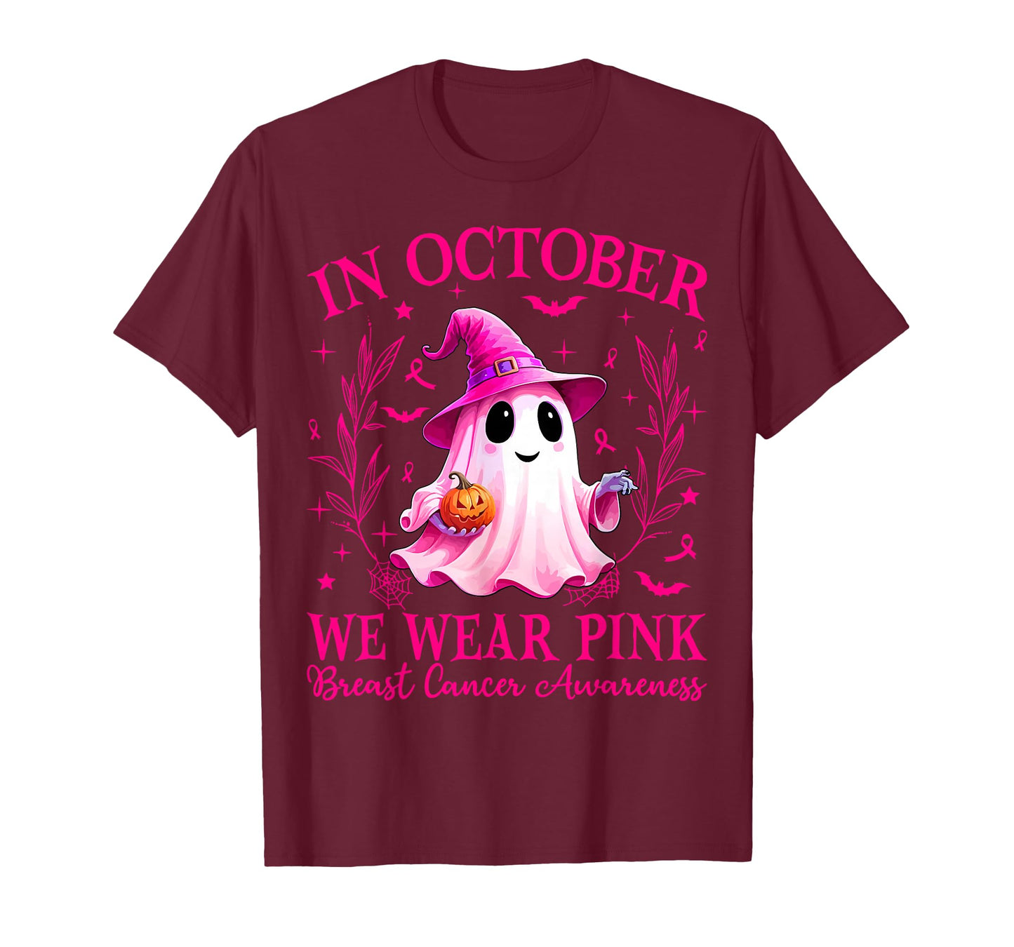 in October We Wear Pink Ghost Witch Breast Cancer Awareness T-Shirt
