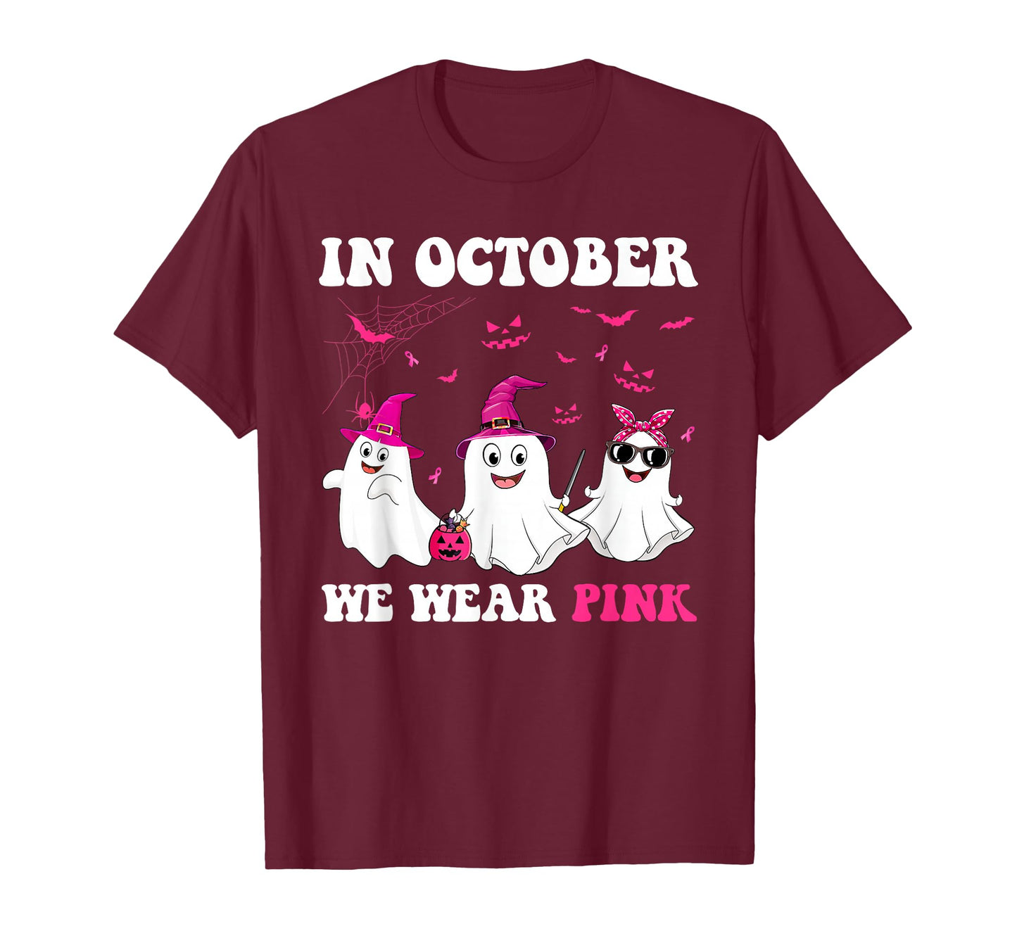 in October We Wear Pink Ghost Witch Breast Cancer Awareness T-Shirt