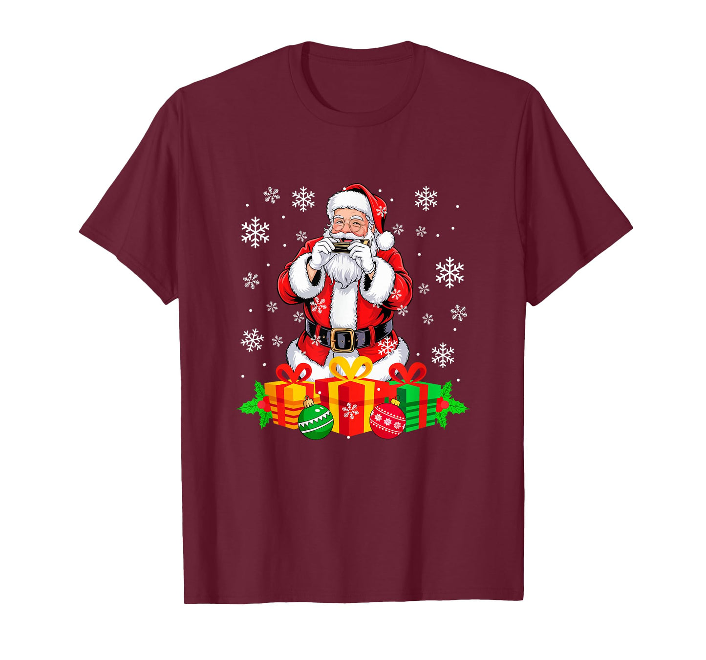 Santa Playing Harmonica Instrument Colorful Christmas Boxes T-Shirt