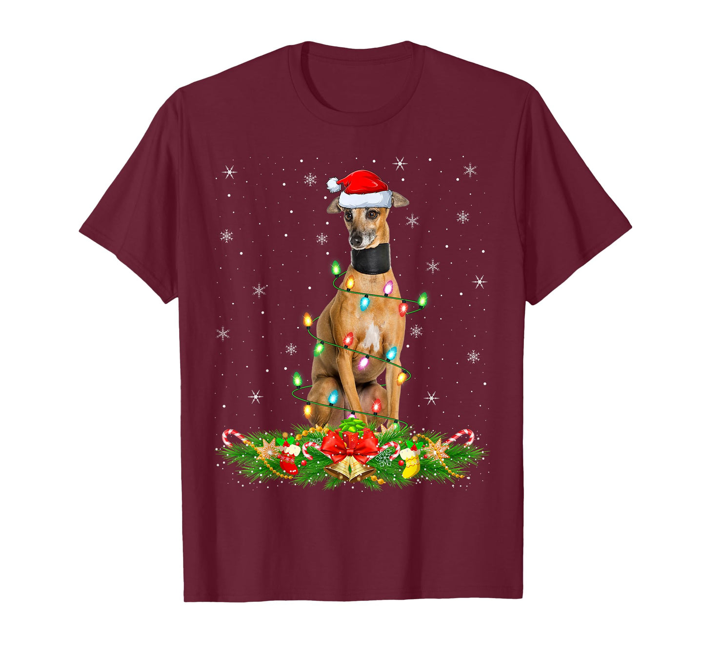 Greyhound Dog Christmas Lights Funny Santa Hat Xmas T-Shirt