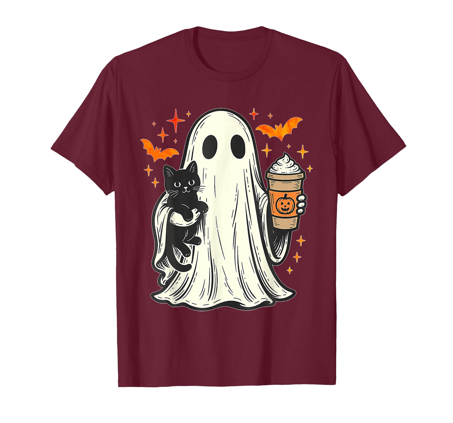 Vintage Halloween Ghost Holding Black Cat Ice Coffee Lover T-Shirt