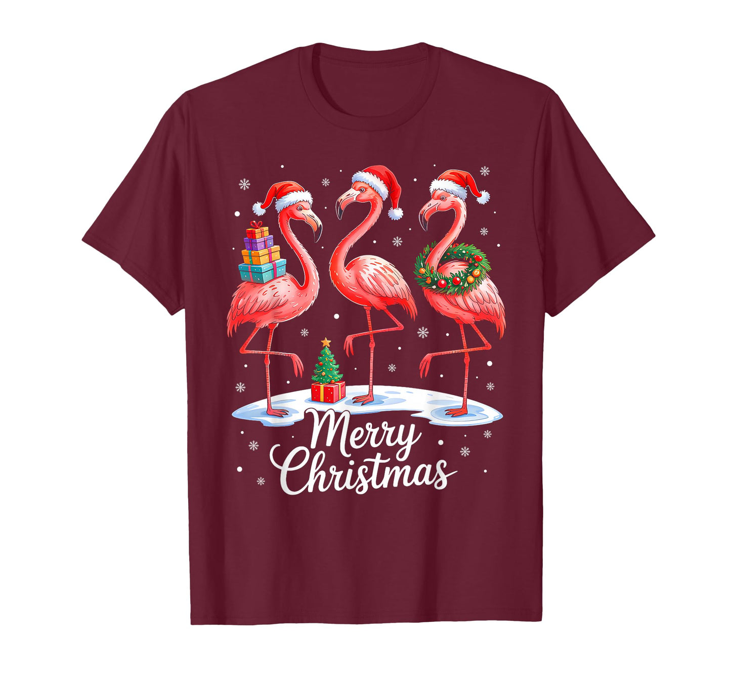 Pink Flamingo Xmas Lights Santa Hat Pajama Merry Christmas T-Shirt