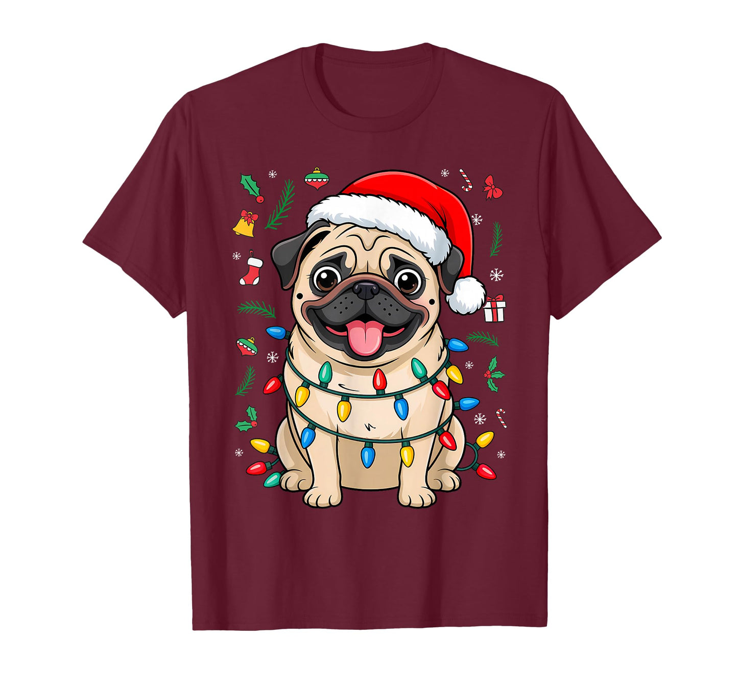 Pug Santa Christmas Tree Lights Xmas Boys Pugmas Dog Dogmas T-Shirt
