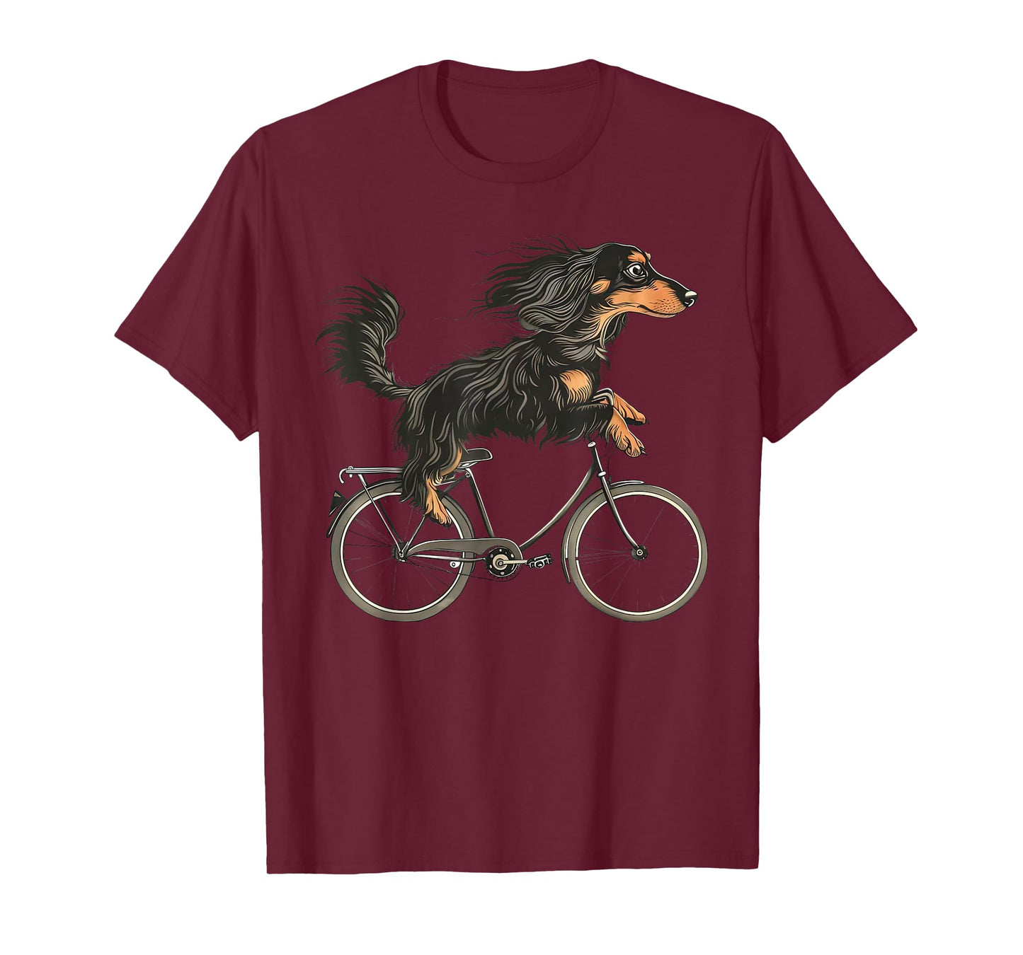 Vintage Long Haired Dachshund Riding A Bike Cycling Bicycle T-Shirt