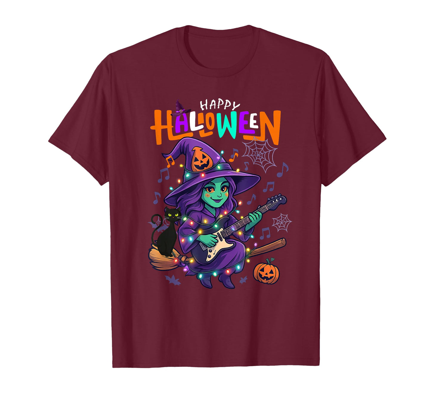 Funny Witch Playing Guitar Happy Halloween Boys Girls Kids T-Shirt