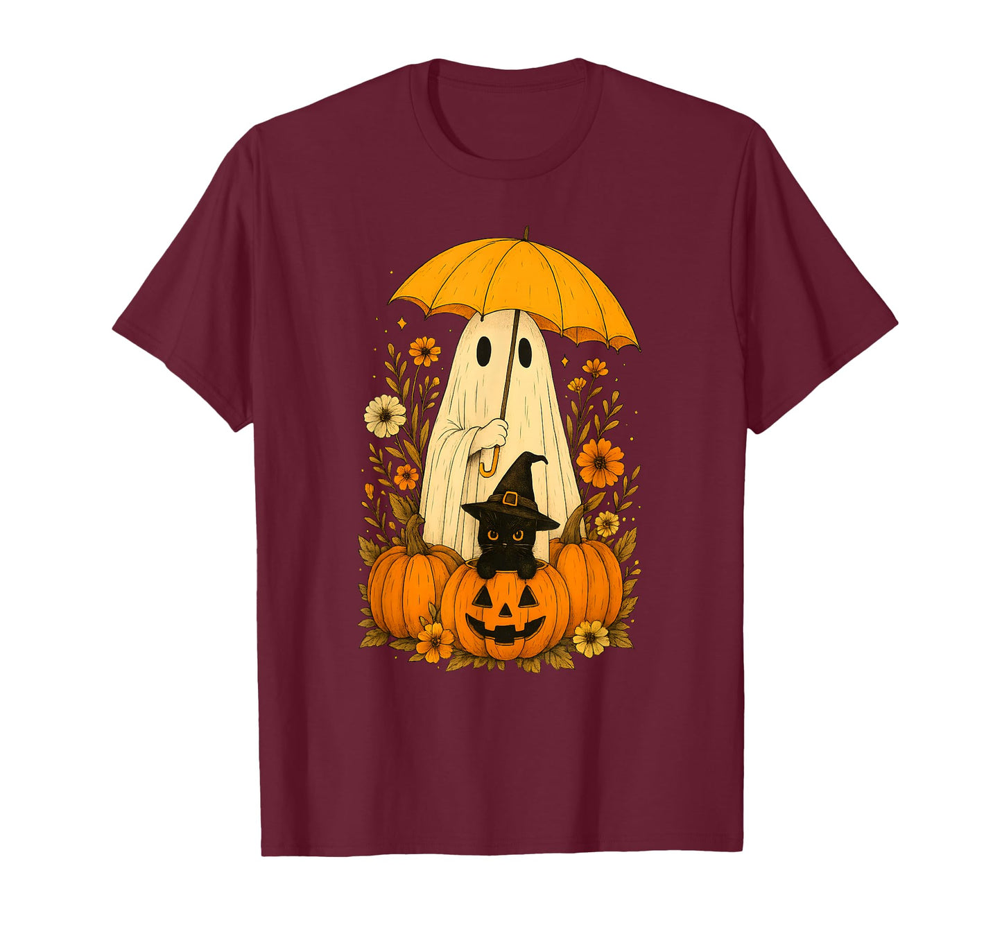 Vintage Halloween Ghost and Black Cat Groovy Floral T-Shirt