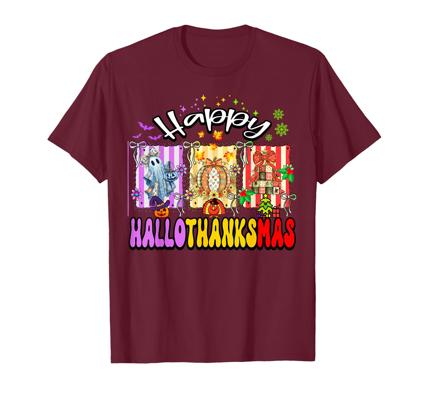 Happy Hallothanksmas Retro Halloween Thanksgiving Christmas T-Shirt
