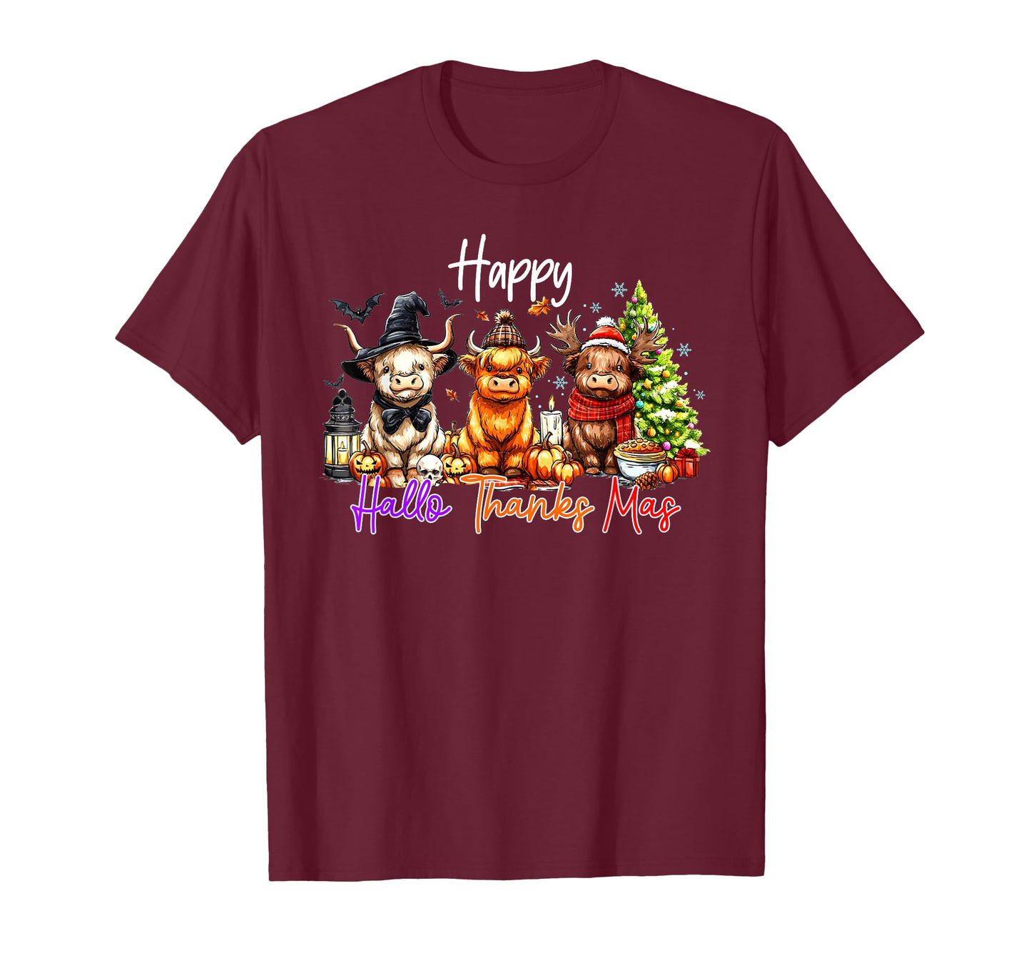 Happy Hallothanksmas Highland Cow Halloween Merry Christmas T-Shirt