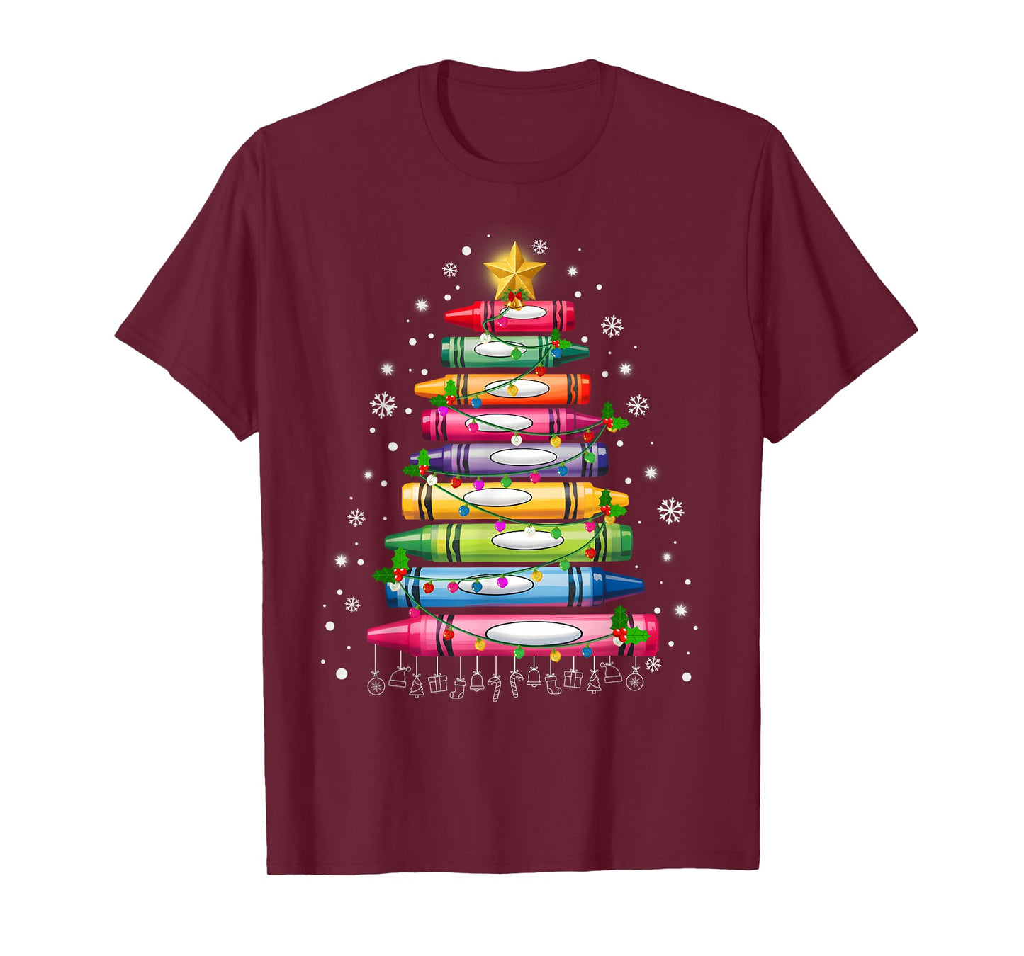 Teacher Crayon Christmas Tree Lights Student School Xmas T-Shirt