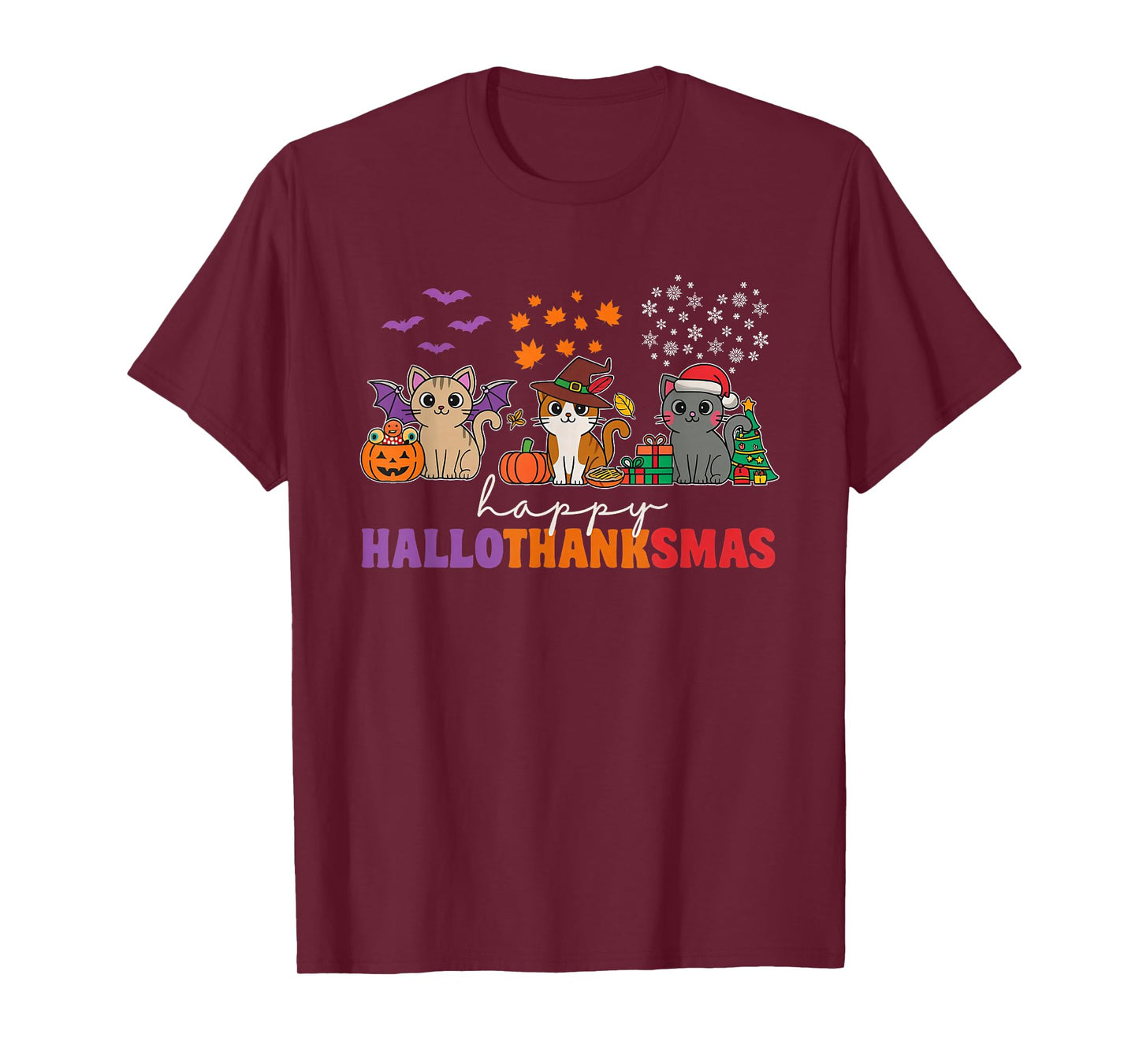 Happy HalloThanksMas Cats Halloween Thanksgiving Christmas T-Shirt