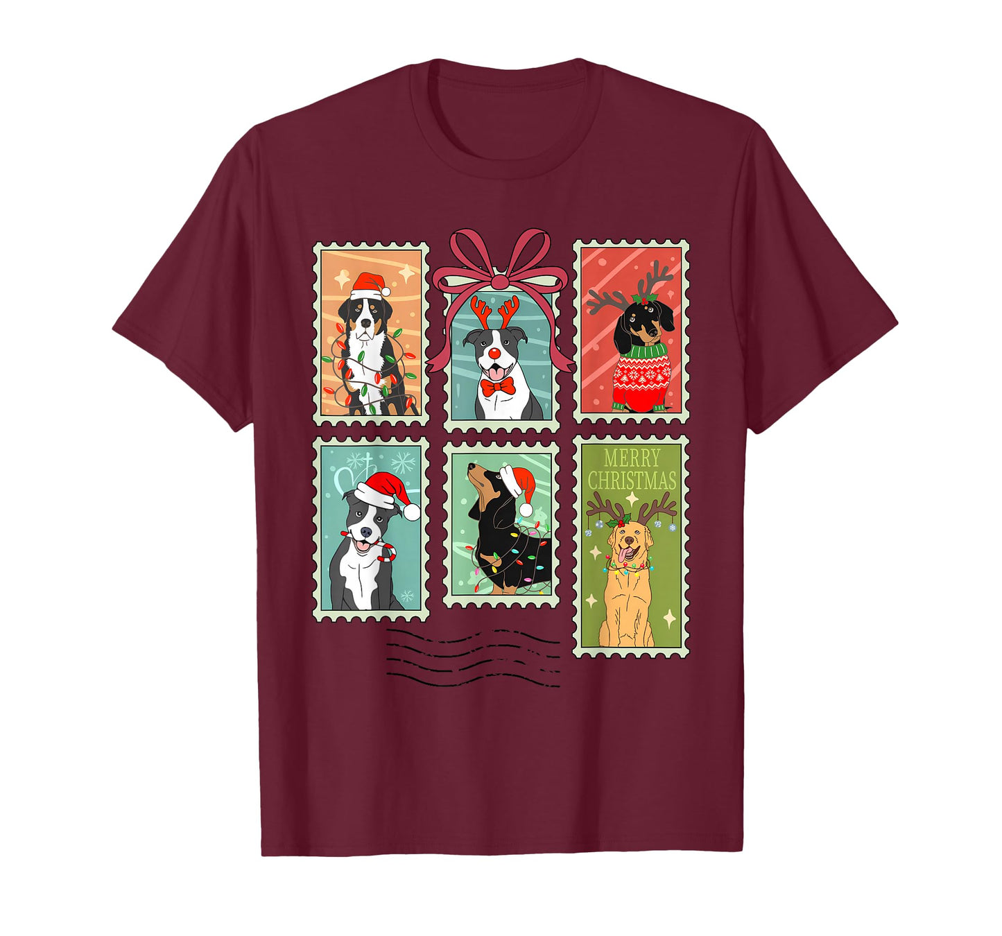 Vintage Merry Christmas Dogs Santa Stamps Reindeer Coquette T-Shirt